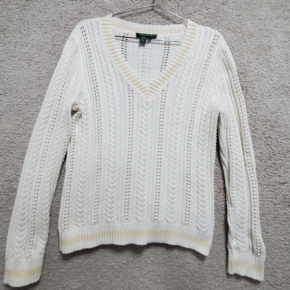 Ralph Lauren Sweater Womens Large White‎ Knit Cotton Long Sleeve Preppy Academia